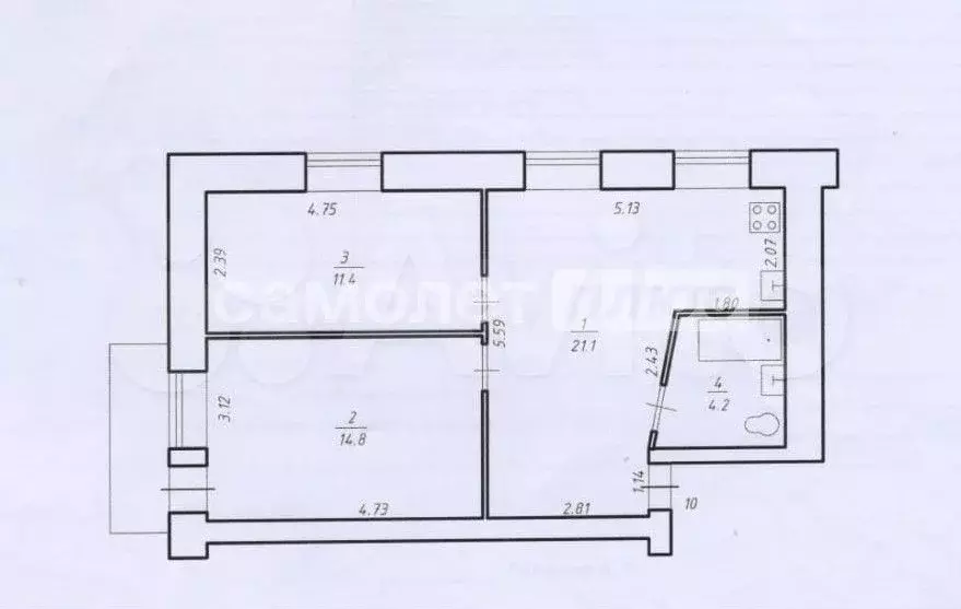 3-к. квартира, 51,3 м, 3/5 эт. - Фото 0