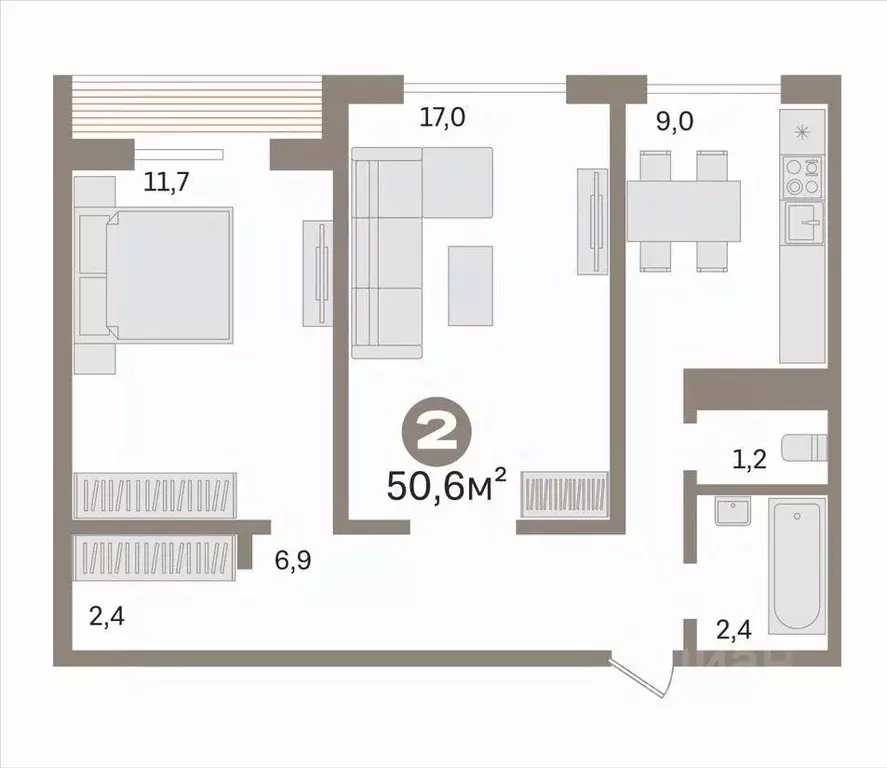 2-к кв. Тюменская область, Тюмень Почтовая ул., 28 (50.6 м) - Фото 2