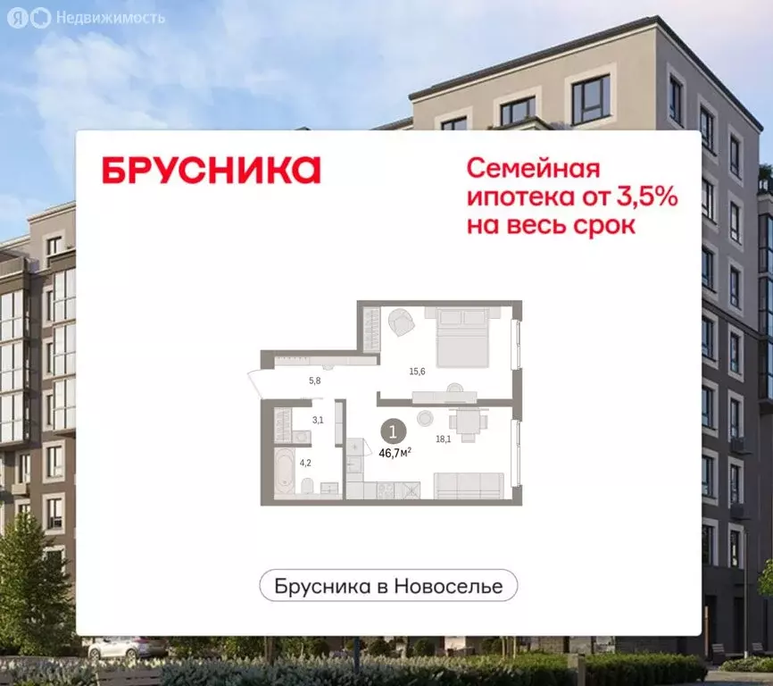 1-комнатная квартира: Новоселье, ЖК Брусника (46.72 м) - Фото 1