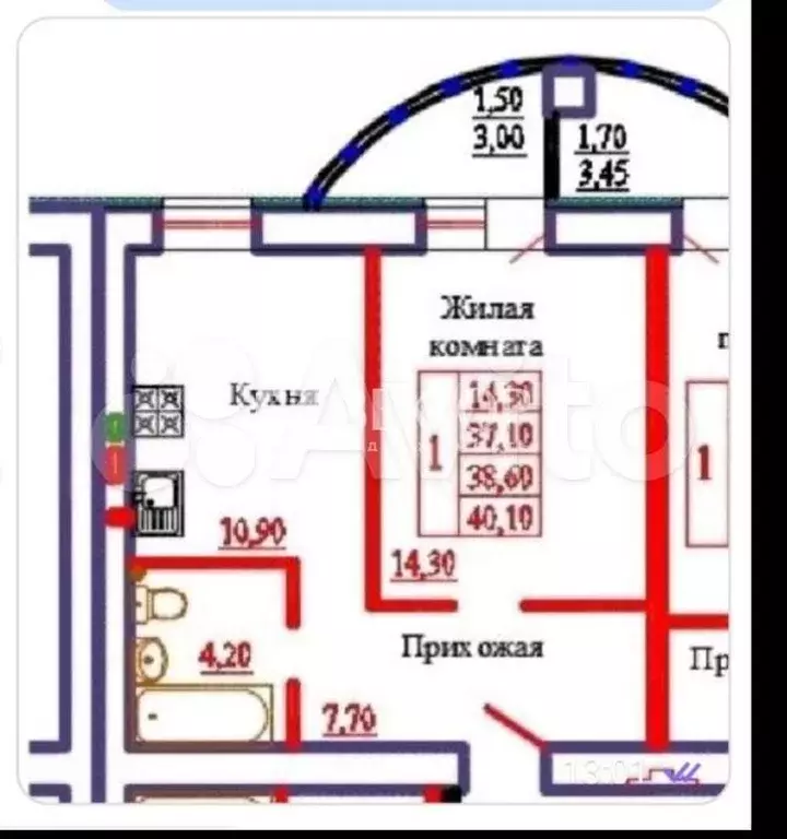 1-к. квартира, 39 м, 5/9 эт. - Фото 0