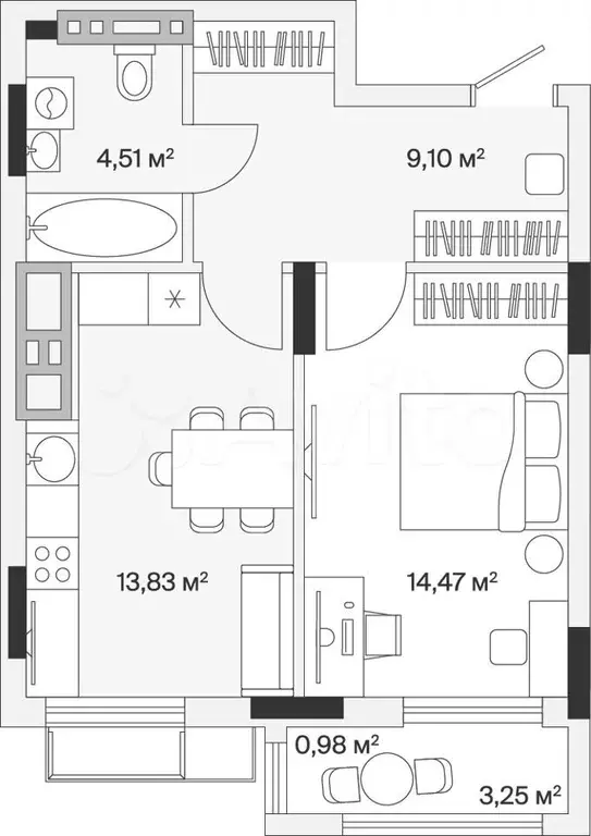 1-к. квартира, 43,1 м, 5/7 эт. - Фото 1