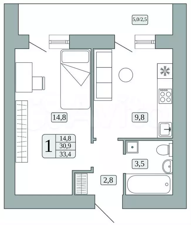 1-к. квартира, 30,9 м, 2/9 эт. - Фото 1