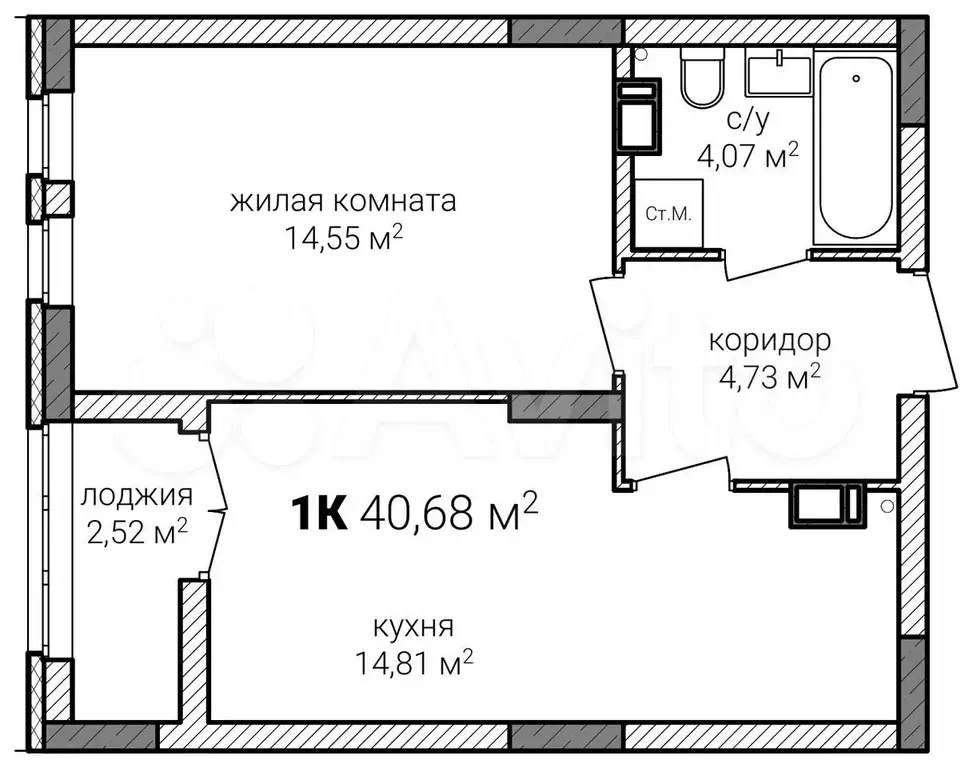 1-к. квартира, 40,7м, 10/15эт. - Фото 0