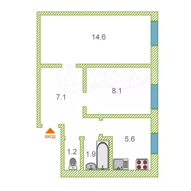 2-комнатная квартира: Тюмень, Харьковская улица, 71А (39 м) - Фото 1