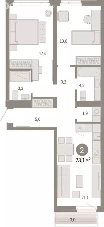 2-комнатная квартира: Тюмень, Ленинский округ (73.12 м) - Фото 1