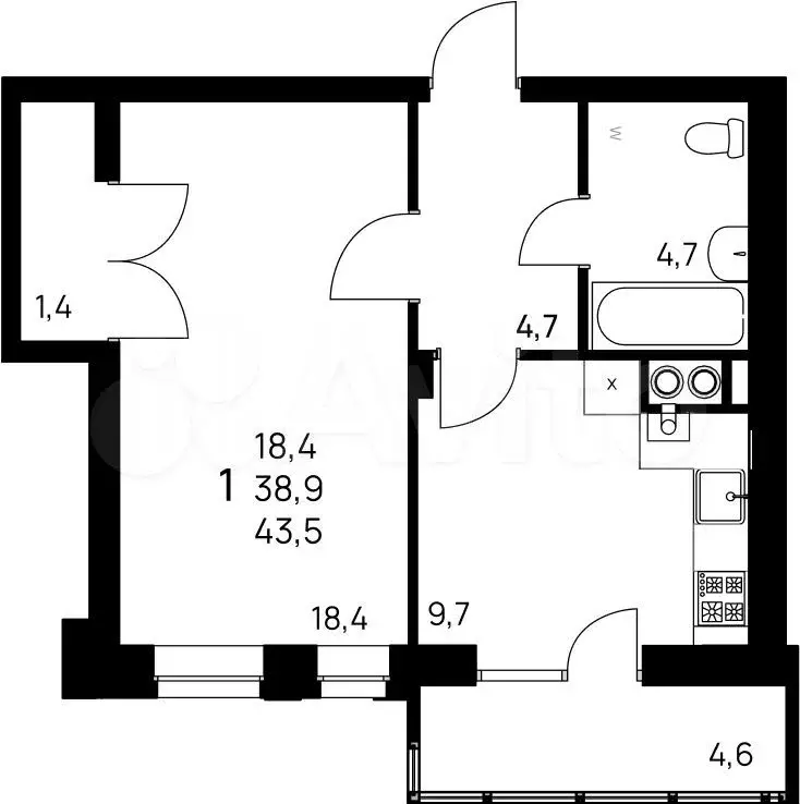 1-к. квартира, 43,5 м, 7/7 эт. - Фото 0