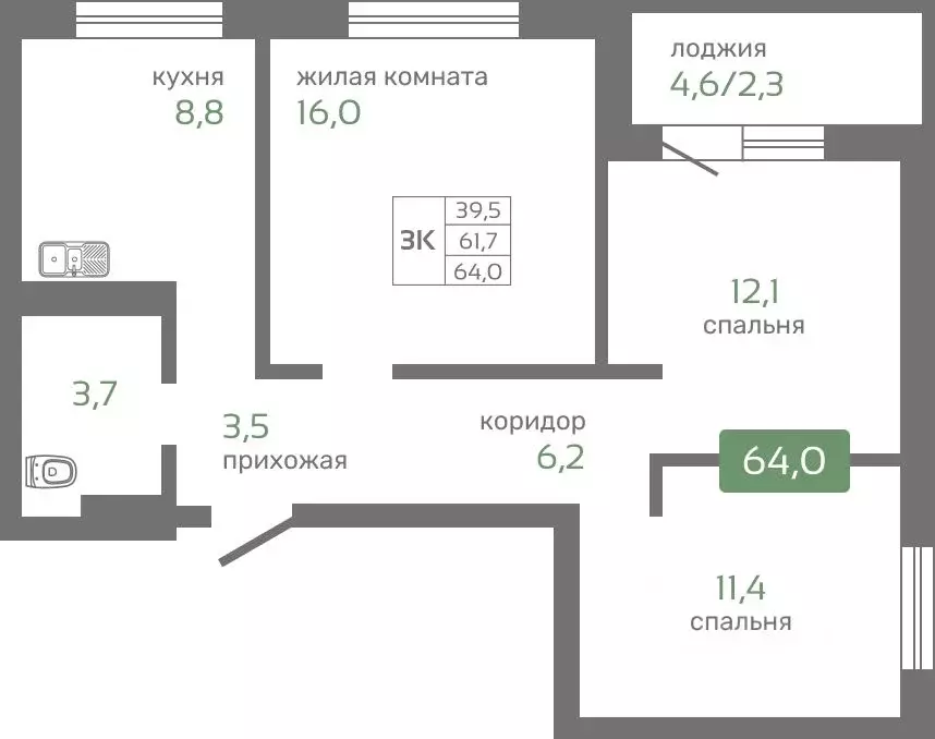 3-к кв. Красноярский край, Красноярск Норильская ул., с2 (64.0 м) - Фото 0