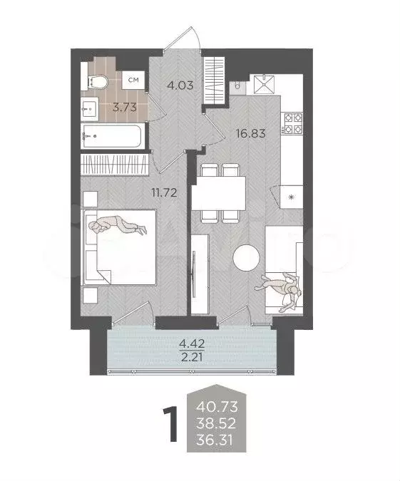 1-к. квартира, 40,7 м, 9/9 эт. - Фото 1