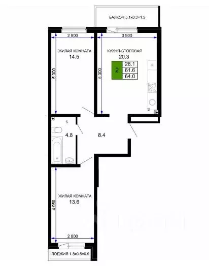 2-к кв. Краснодарский край, Краснодар ул. Летчика Позднякова, 2к12 ... - Фото 2