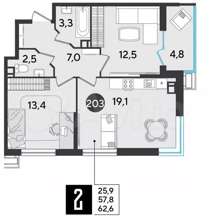 2-к. квартира, 62,6 м, 7/9 эт. - Фото 1