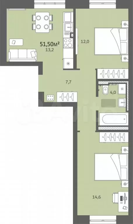 2-к. квартира, 51,5 м, 3/6 эт. - Фото 0