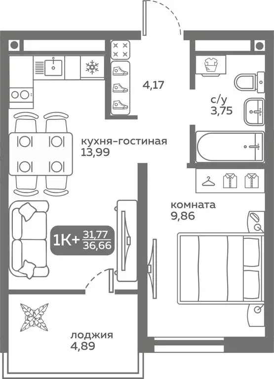 1-комнатная квартира: Тюмень, улица Вадима Бованенко, 10 (30.69 м) - Фото 0