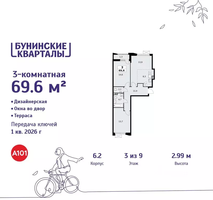 3-к кв. Москва Бунинские Кварталы жилой комплекс, 6.1 (69.6 м) - Фото 0