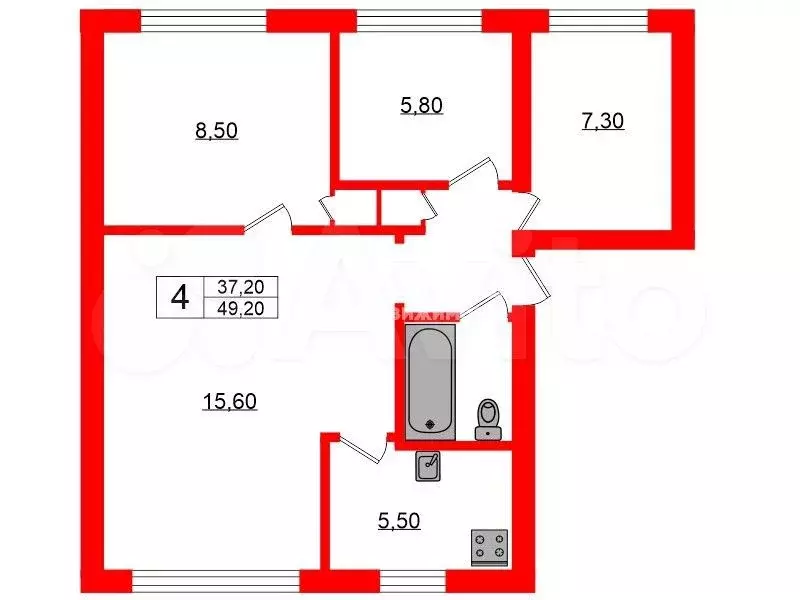 4-к. квартира, 49,2 м, 3/5 эт. - Фото 0