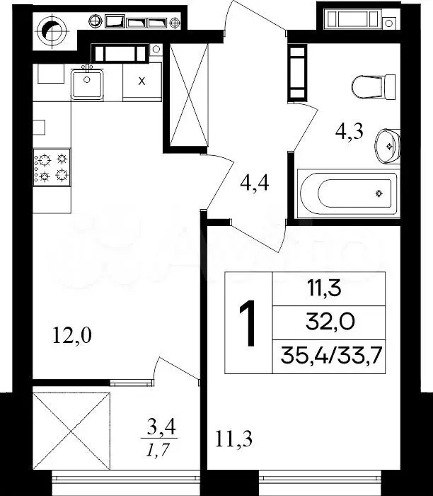 1-к. квартира, 35,4 м, 3/8 эт. - Фото 0
