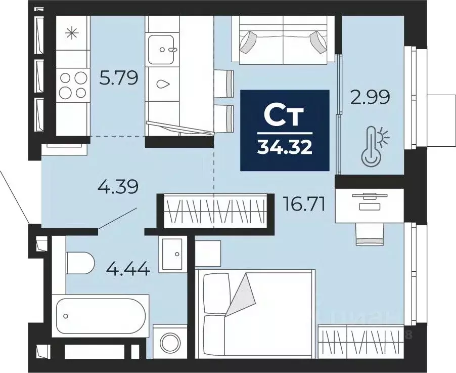 Студия Тюменская область, Тюмень Беринг жилой комплекс (34.32 м) - Фото 1