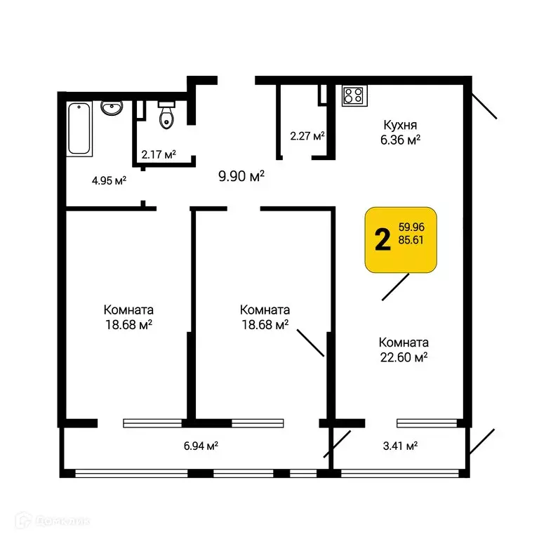 Продаётся 2-к квартира, 88.71 м - Фото 0