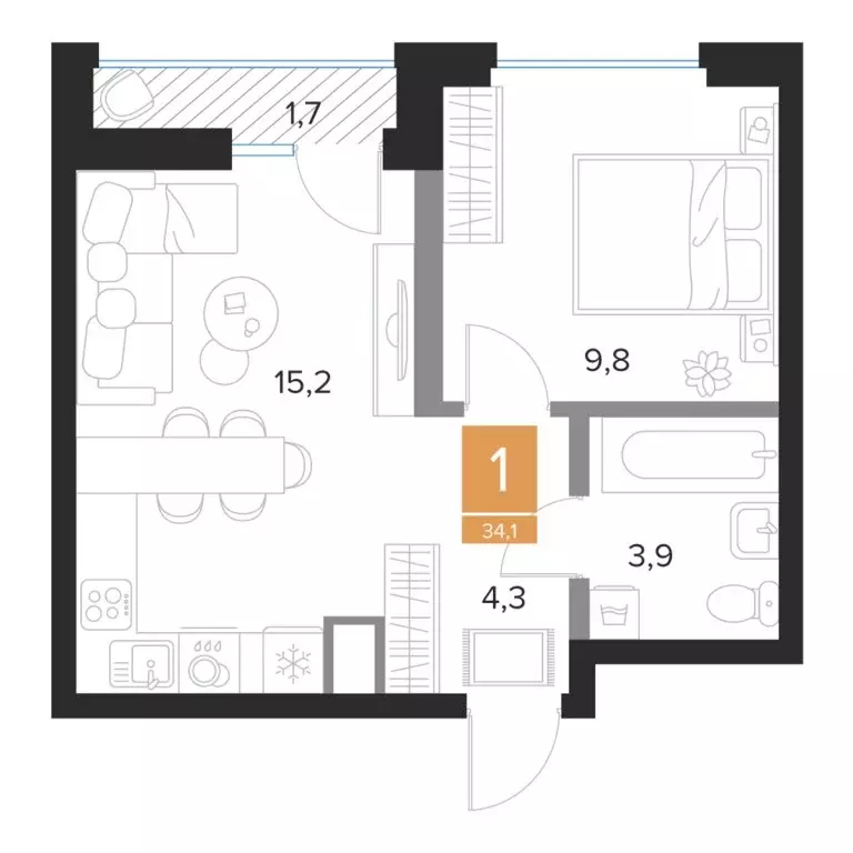 1-комнатная квартира: Курск, ЖК Парковый квартал Чувства (34.1 м) - Фото 1