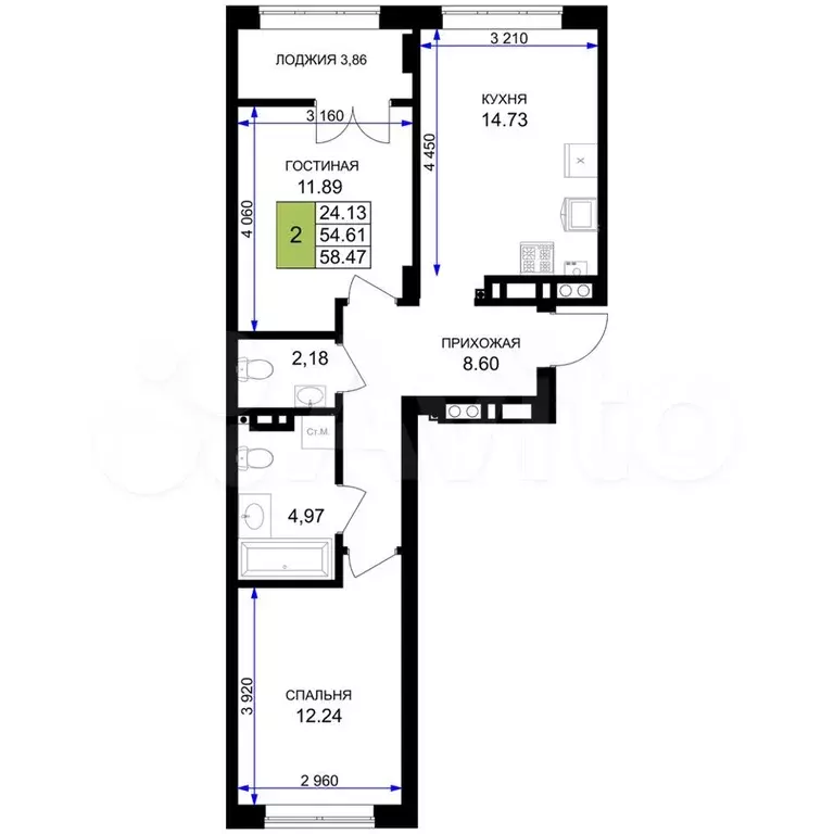 2-к. квартира, 58,5м, 2/7эт. - Фото 1