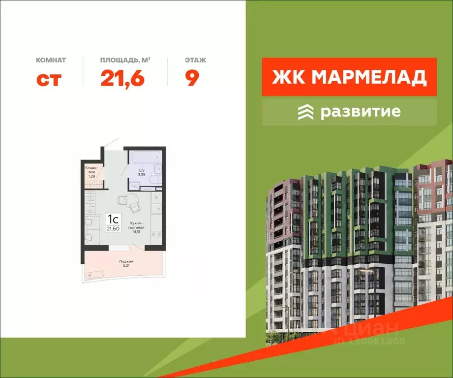 Студия Воронежская область, Воронеж ул. Туполева, 5Н (21.6 м) - Фото 1