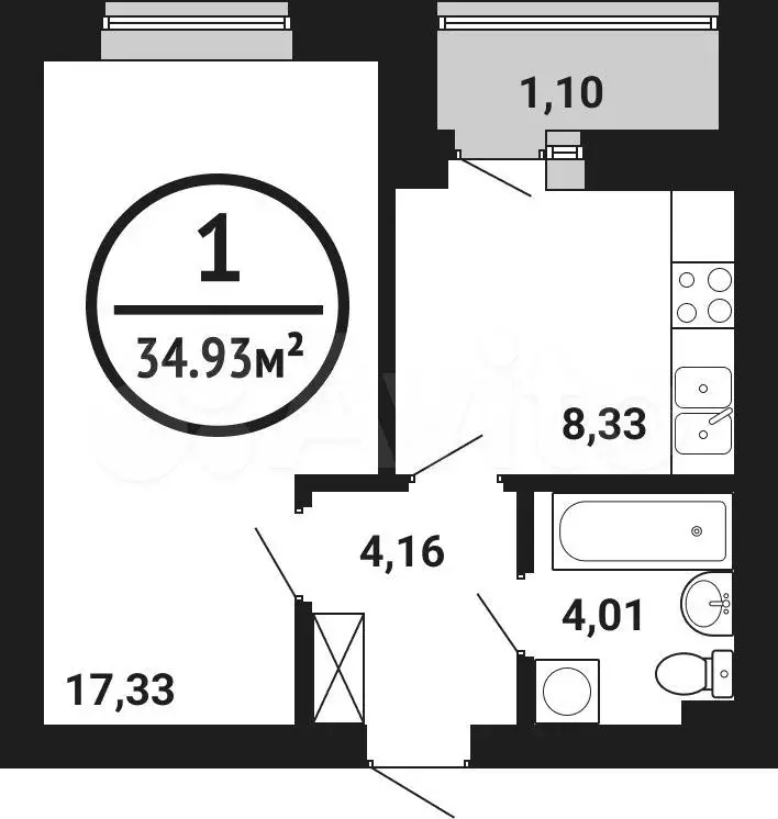 1-к. квартира, 34,9м, 5/8эт. - Фото 0