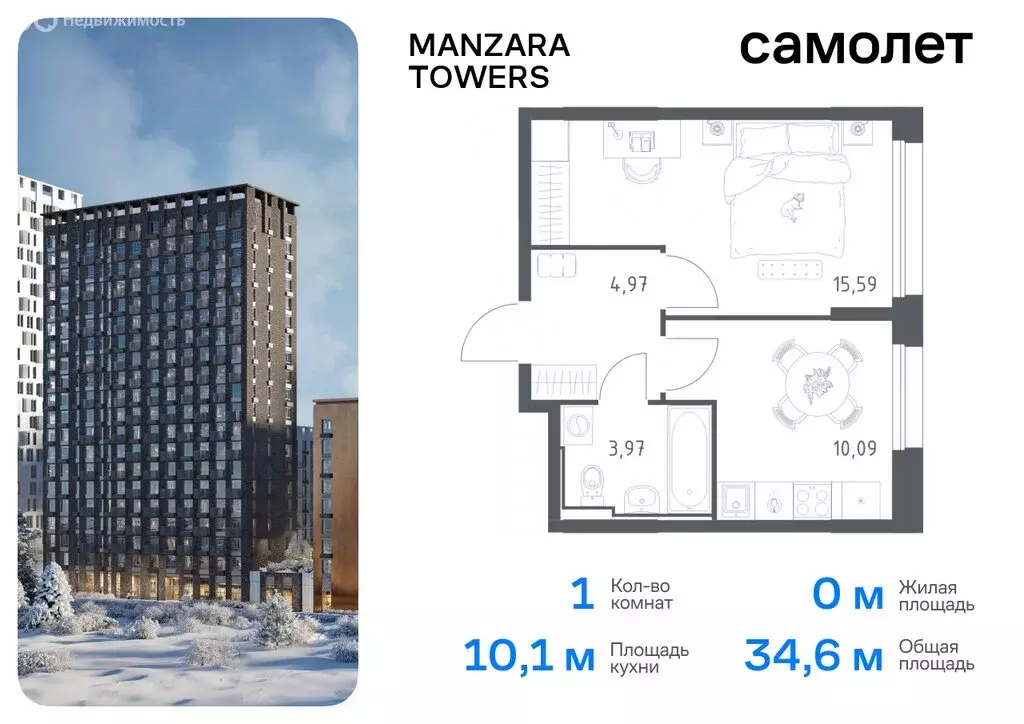 1-комнатная квартира: Казань, жилой комплекс Манзара Тауэрс (34.62 м) - Фото 0