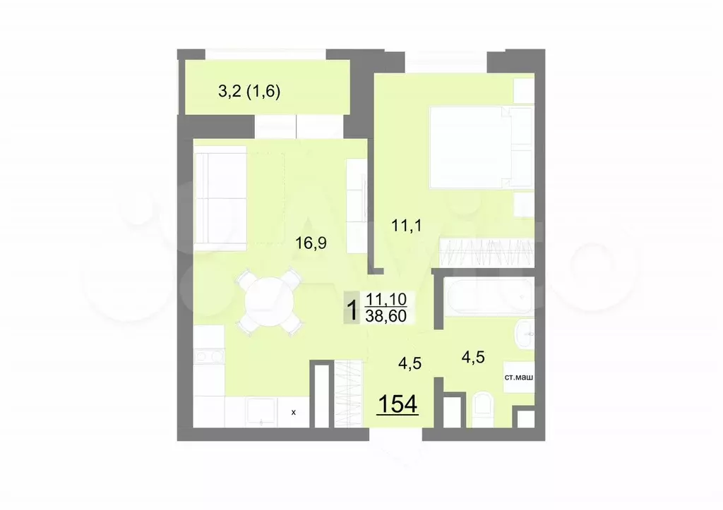 1-к. квартира, 38,6 м, 18/26 эт. - Фото 1