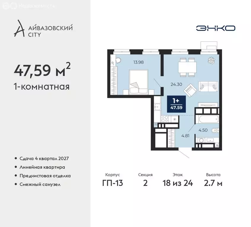 1-комнатная квартира: Тюмень, ЖК Айвазовский Сити (47.59 м) - Фото 1