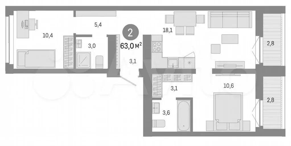 2-к. квартира, 63 м, 5/7 эт. - Фото 0