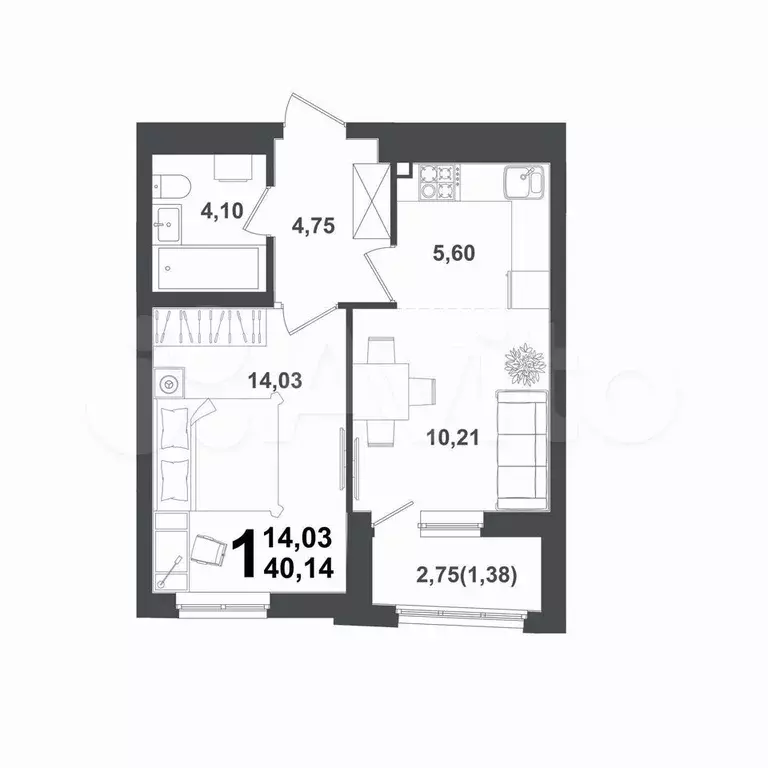 1-к. квартира, 40,2 м, 7/12 эт. - Фото 1