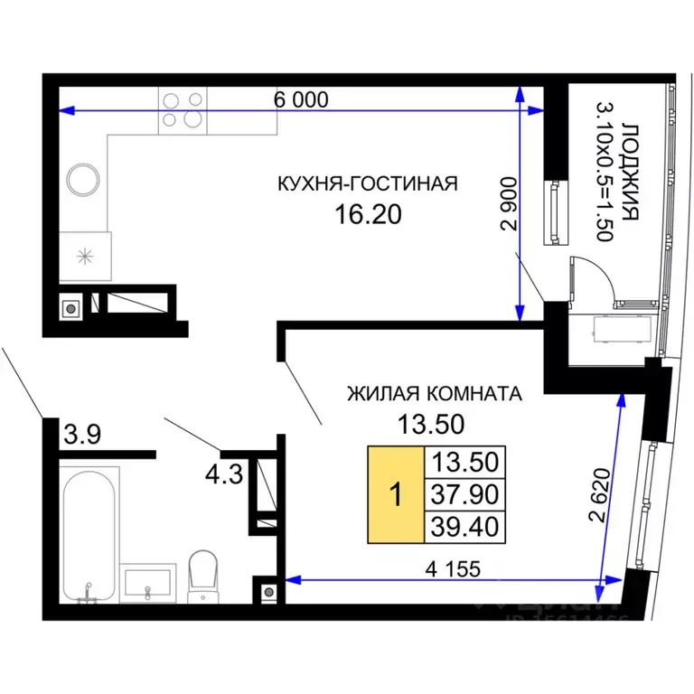 1-к кв. Краснодарский край, Краснодар Фонтаны жилой комплекс (39.4 м) - Фото 1