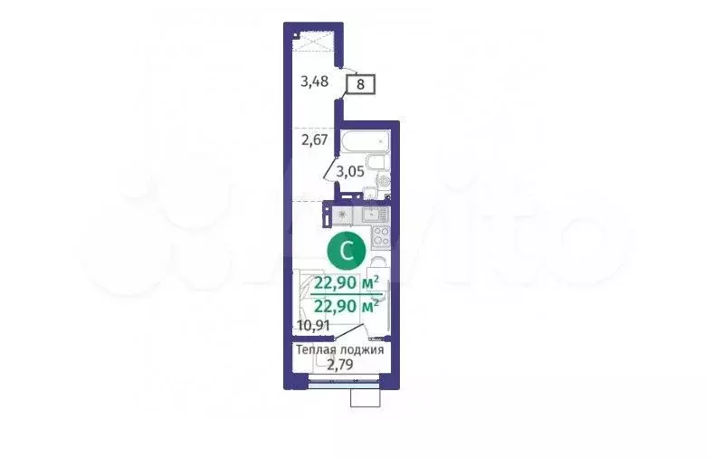 Квартира-студия, 22,9 м, 3/12 эт. - Фото 1