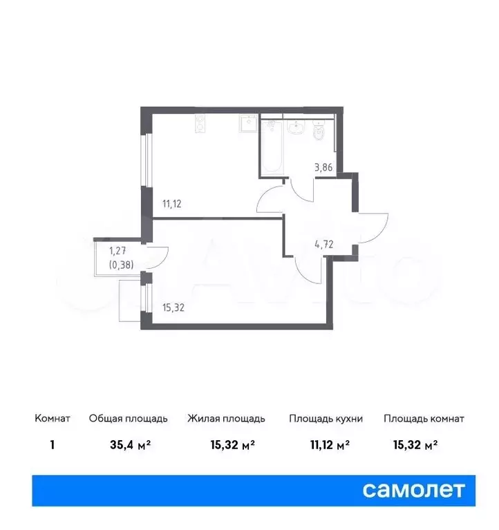 1-к. квартира, 35,4м, 15/15эт. - Фото 0