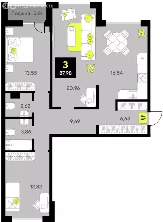 3-комнатная квартира: Тюмень, улица Пожарных и Спасателей, 14 (87.98 ... - Фото 1