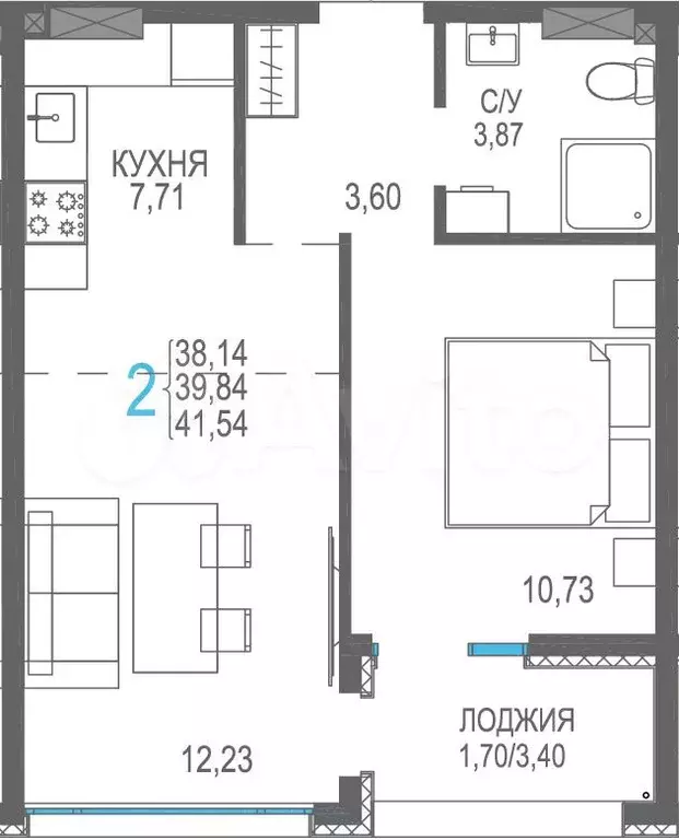 2-к. квартира, 39,8 м, 6/8 эт. - Фото 0