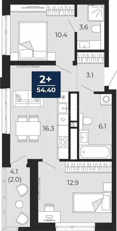 2-к. квартира, 54,5 м, 14/25 эт. - Фото 0
