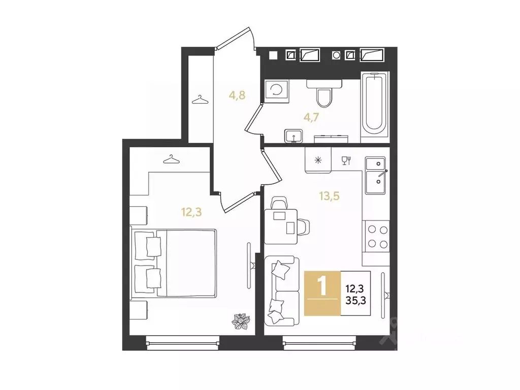 1-к кв. Краснодарский край, Краснодар Самолет кв-л,  (35.3 м) - Фото 1