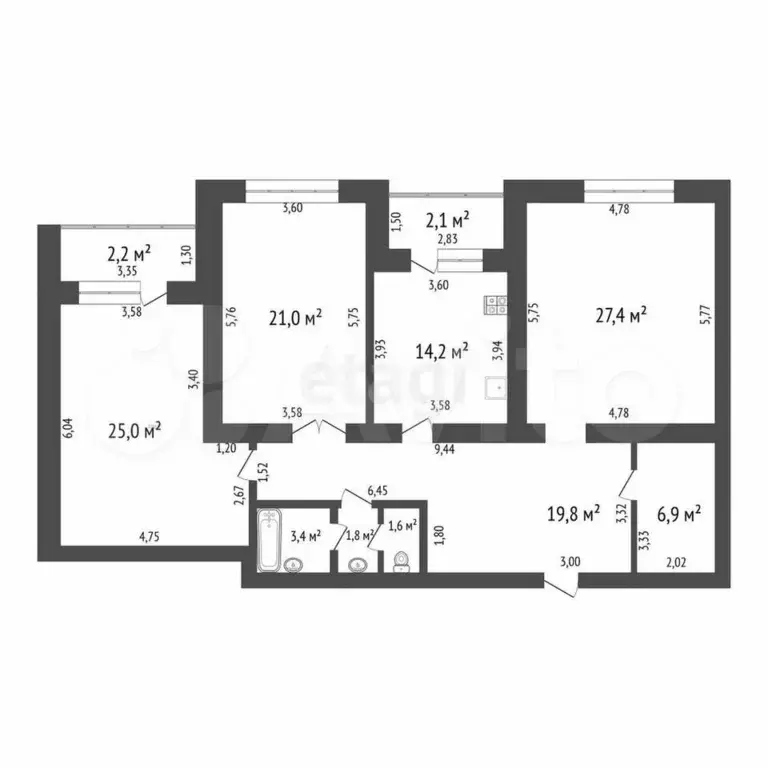 3-к. квартира, 124,6 м, 8/9 эт. - Фото 0