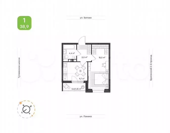 1-к. квартира, 38,9м, 4/9эт. - Фото 0