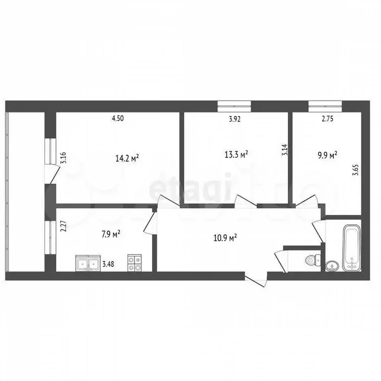 3-к. квартира, 60,2 м, 3/3 эт. - Фото 1