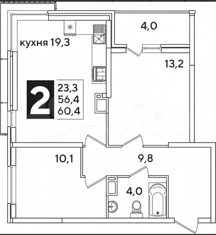 2-к. квартира, 60 м, 13/16 эт. - Фото 1