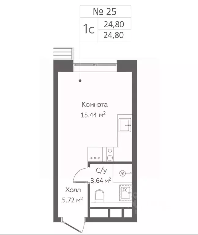 Студия Москва Шереметьевская ул., 21 (24.8 м) - Фото 1