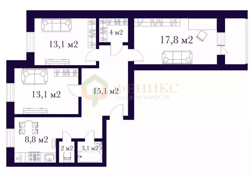 3-комнатная квартира: деревня Новоселье, 6 (77 м) - Фото 2