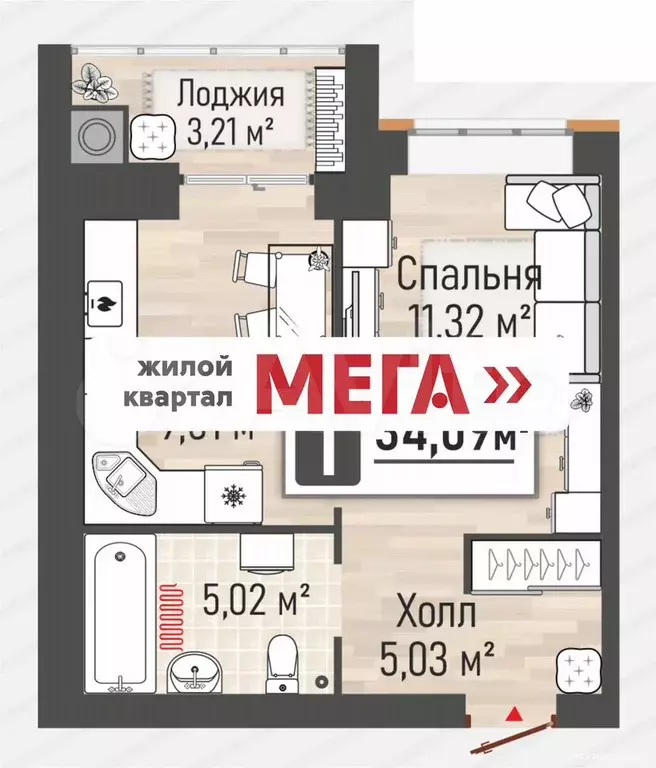 1-к. квартира, 34,1 м, 2/10 эт. - Фото 0