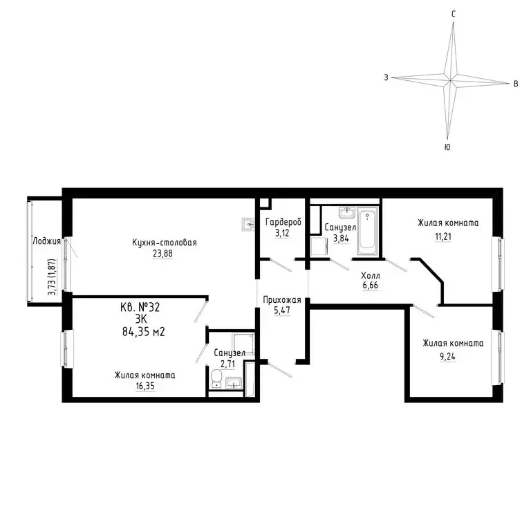 3-комнатная квартира: Новый, ЖК ДНС Сити (84.35 м) - Фото 0