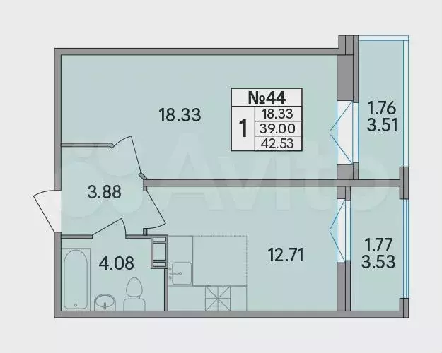 1-к. квартира, 42,5 м, 3/8 эт. - Фото 0