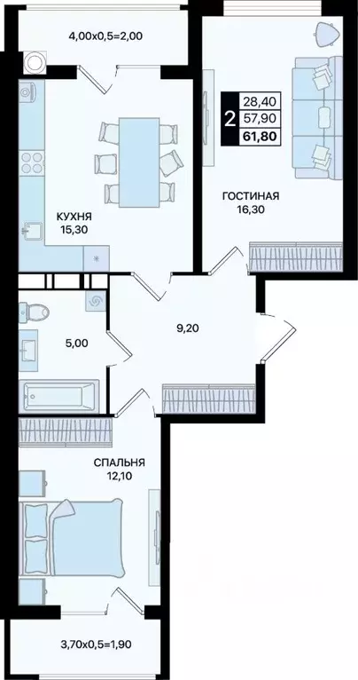 2-к кв. Ростовская область, Ростов-на-Дону просп. Шолохова (61.8 м) - Фото 0