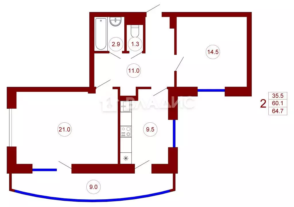 2-комнатная квартира: Воронеж, улица Козо-Полянского, 9 (64.7 м) - Фото 1