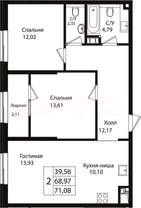 2-к. квартира, 71,1 м, 4/9 эт. - Фото 1