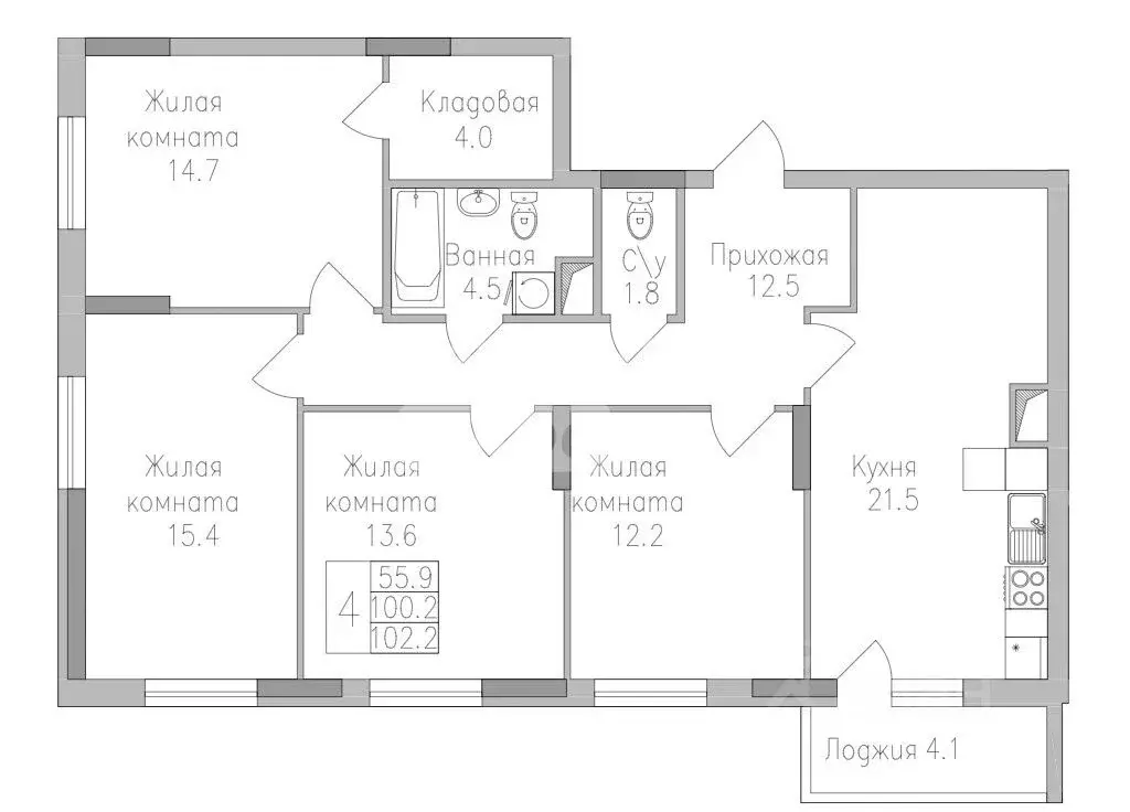 4-к кв. Липецкая область, Липецк ул. Тельмана, 3 (102.2 м) - Фото 2